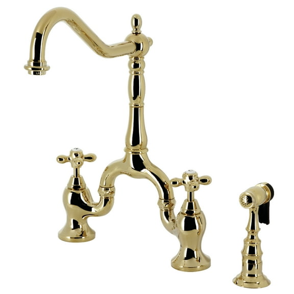 Kingston Brass KS7752AXBS English Country Two-Handle 3-Hole Deck Mount Bridge Kitchen Faucet with Brass Side Sprayer in Polished Brass