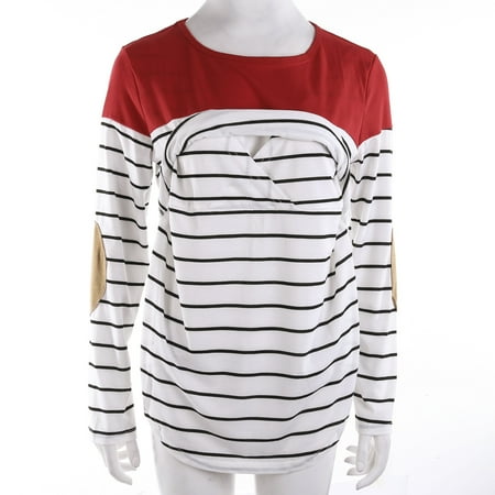 

Biekopu Women s Breastfeeding Shirt Maternity Wear Long-Sleeved Shirt Layered Design Pregnancy Stripe Shirt
