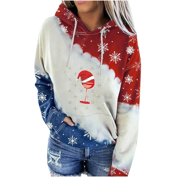 Amzcrzy Hoodies for Women Christmas Hoodie Christmas Printed Hoodie Color Matching Sweater Long Sleeve Hoodie Pullover Hoodie Women's Sweatshirts and Hoodies Long Sleeve Shirts for Women XL