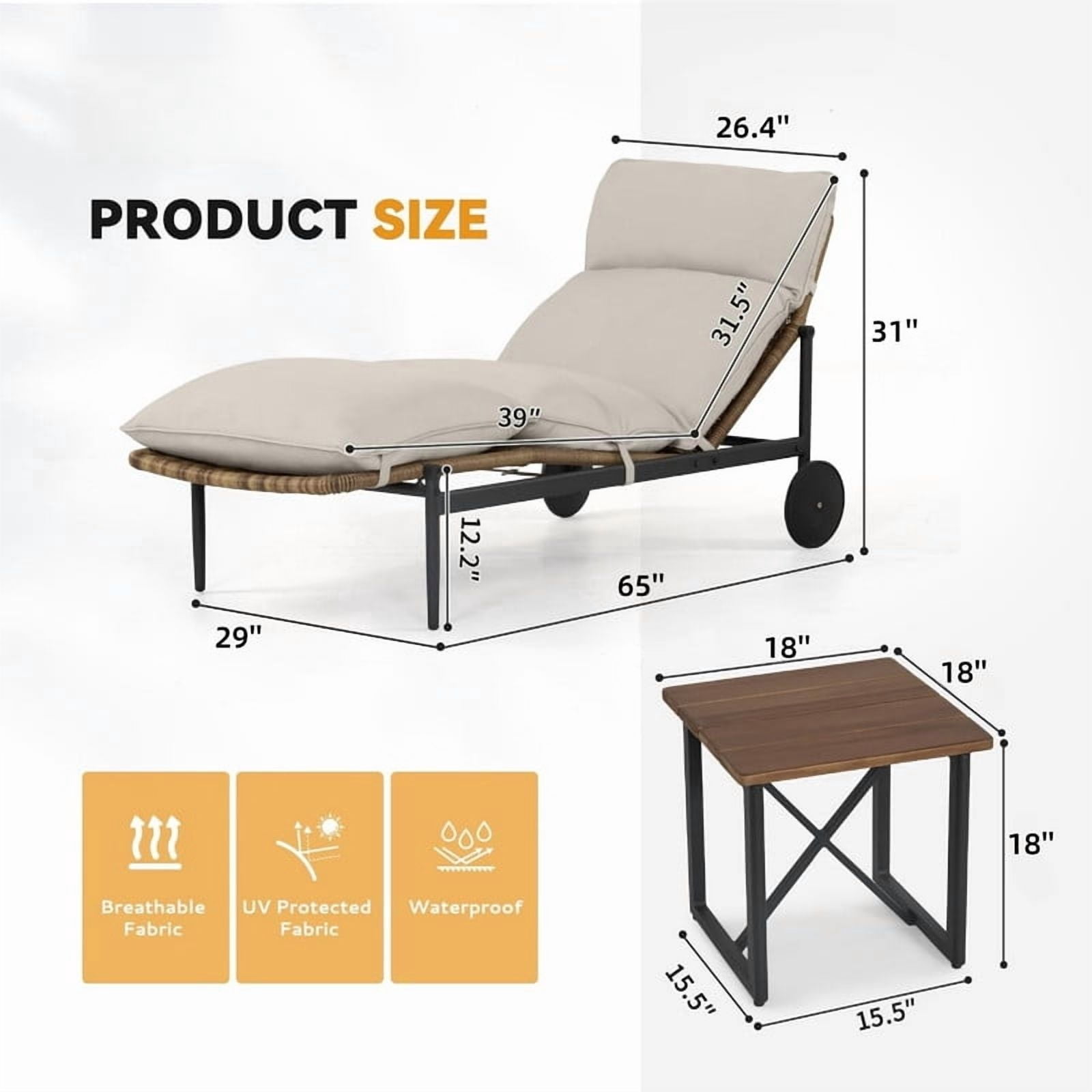 2-Piece Outdoor Poolside Chaise Lounge Sets with Side Table, Patio Rattan Lounge Chair with Cushion