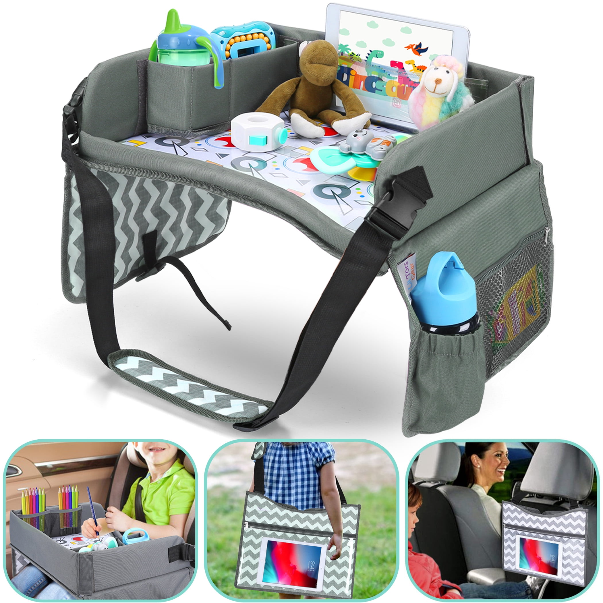 Gray Kids Travel Activity Lap Tray by Lil Tots Gear Children Car Seat Road  Trip Portable Traveling Accessories Snacks, Drawing, Coloring Waterproof  Dry Erase Tablet IPad Holder Organizer