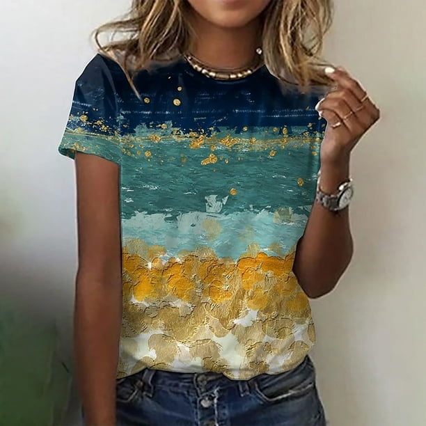 Abcnature Women Landscape Print O-Neck Short Sleeve T-Shirt Blouse Tops ...