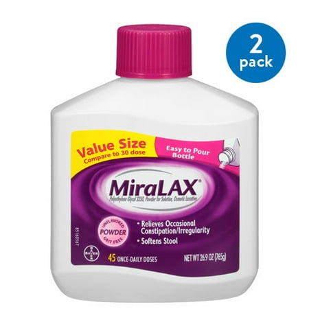 (2 Pack) MiraLAX Polyethylene Glycol 3350 Powder Laxative, 26.9 Oz, 45