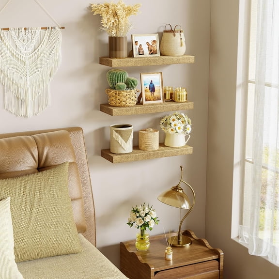 Rattan Floating Shelves for Wall Set of 3, 15.7 Inch Wood Shelves Wall Mounted with Invisible Bracket for Bedroom Living Room Nursery and More$$Home Decor, Kitchen, & Other