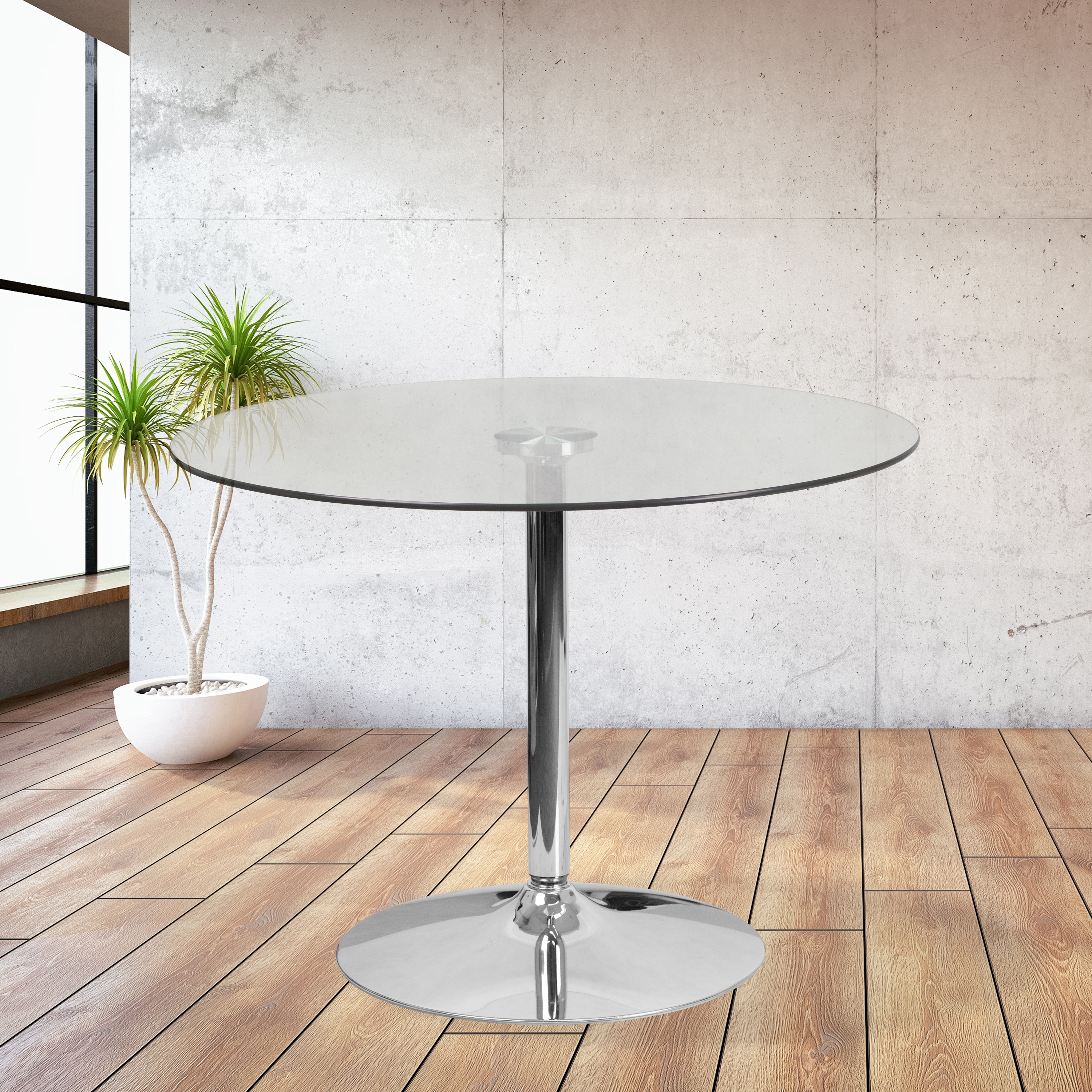 Flash Furniture 39.25'' Round Glass Table with 29''H Chrome Base, Clear, Clear Glass