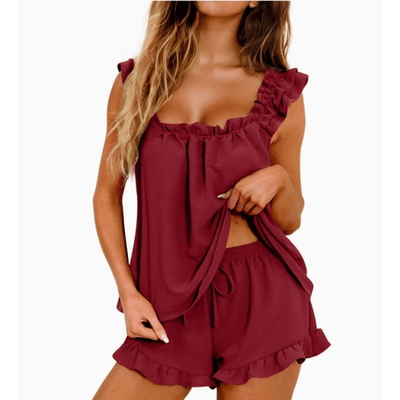 Womens Pajamas Set 2 Piece Ruffle Pj Soft Tank Top and Shorts Sleepwear Set Bridal Pajama for Women