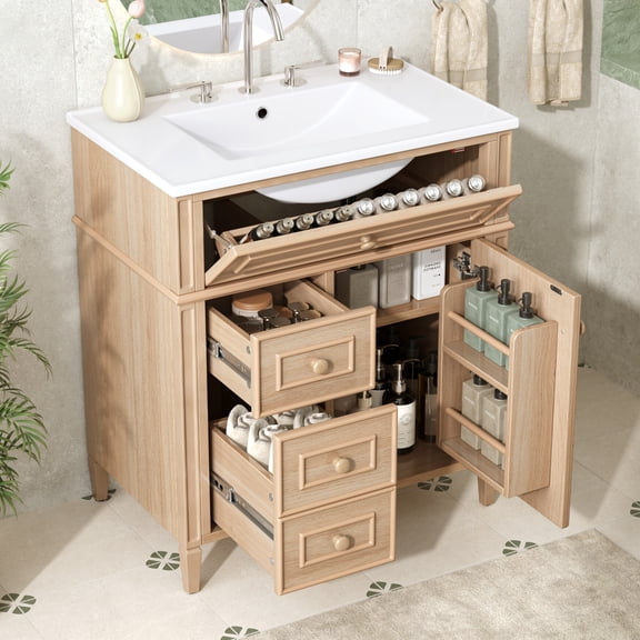 30" Bathroom Vanity with Sink Combo, Modern Freestanding Bathroom Cabinet with 3 Drawers and 1 Soft Closing Door, Solid Wood Frame