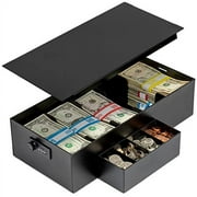 Volcora Cash Box Money Organizer - 15 x 7.5 x 4 Cashbox 5 Compartments Drawer Tray - Bills and Coin Slot with Combination Lock for POS Register, Kiosk, Retail, Personal and Business Use, Black