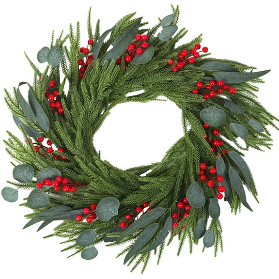 15.7" Christmas Winter Wreath for Front Door – Artificial Norfolk Pine, Eucalyptus Branches, Red Berries, and Olive Leaves – Handcrafted Holiday Decor for Home, Wreath
