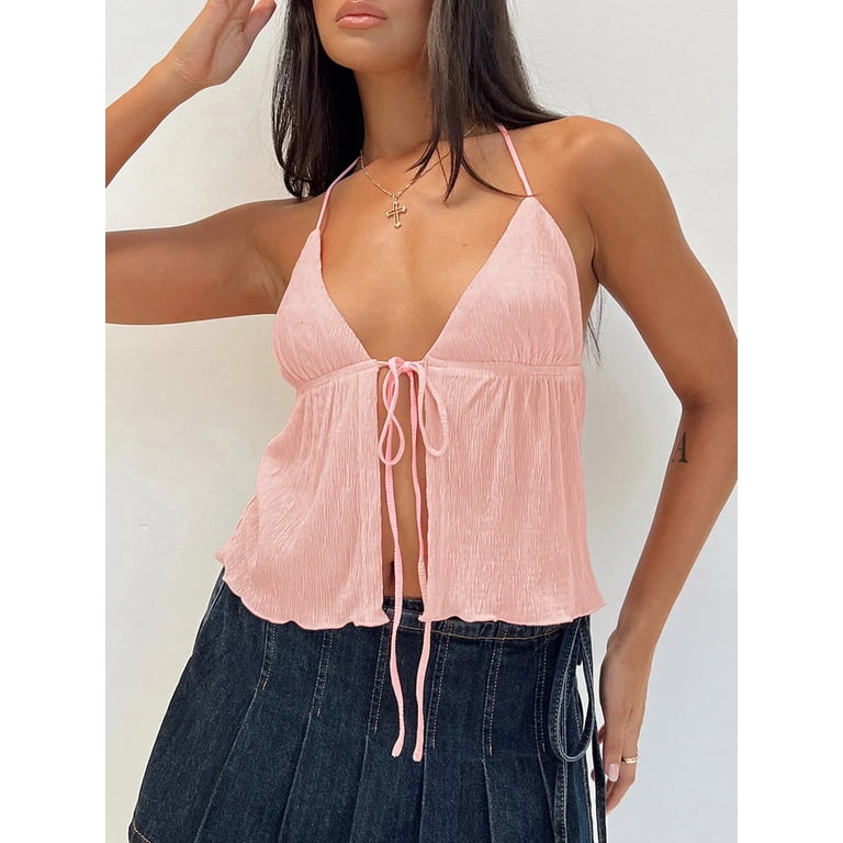 Women Y2K Halter Crop Top Sexy Spaghetti Strap Deep V Neck Tie Up