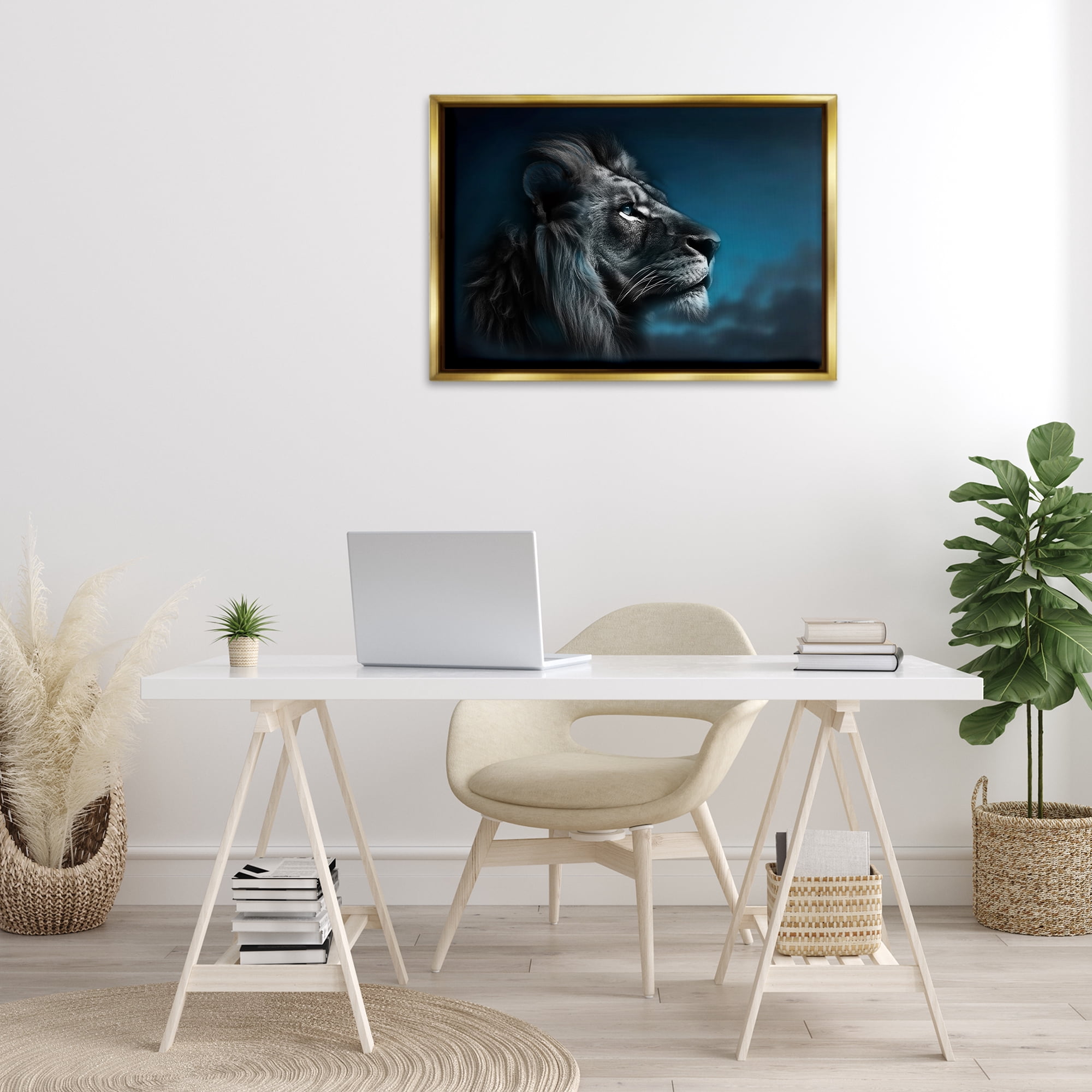 Stupell Industries Intense Gazing Lion Animals & Insects Painting Gold Floater Framed Canvas Art Print Wall Art, 31 x 21