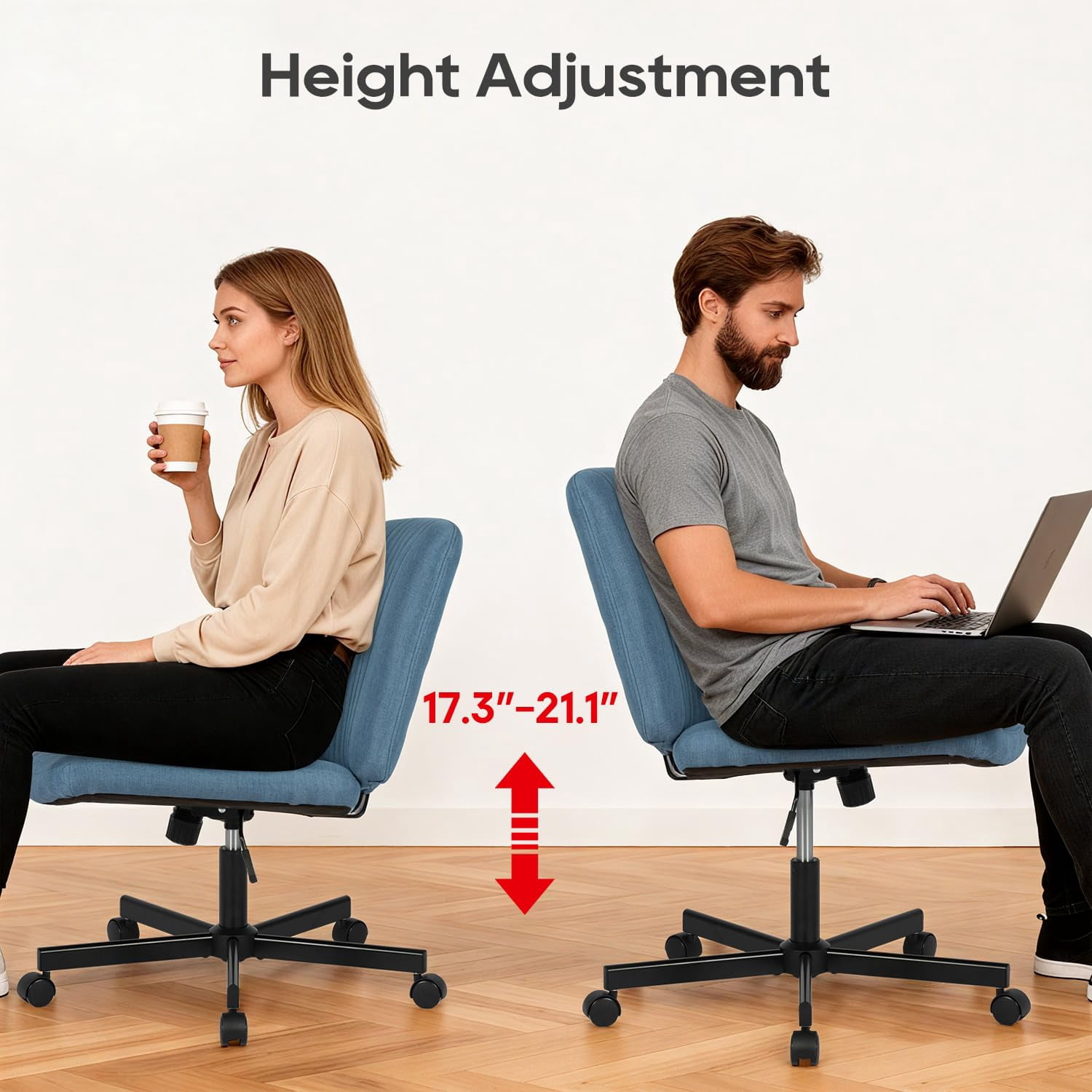 NiamVelo Vanity Chair with Wheels Criss Cross Chair Wide Desk Chair Armless Office Chair Adjustable Swivel Chair for Home Office, 250LBS Weight （Blue）