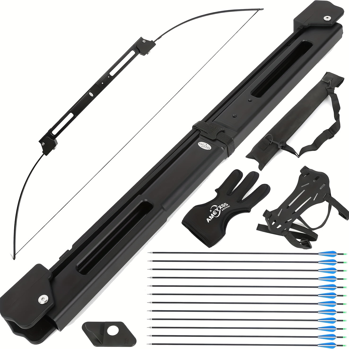 55-inch foldable bow and arrow set with 35-pound aluminum alloy riser, designed for both right- and left-handed archery practice.