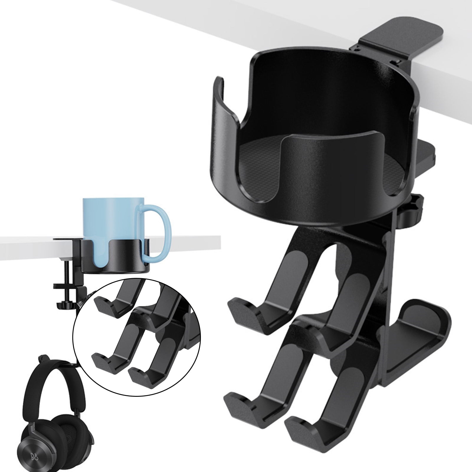 Functional Desk Accessory Featuring Cup Holder, Headphone Hooks, And Rotating Pencil Holder For Organized Workspaces