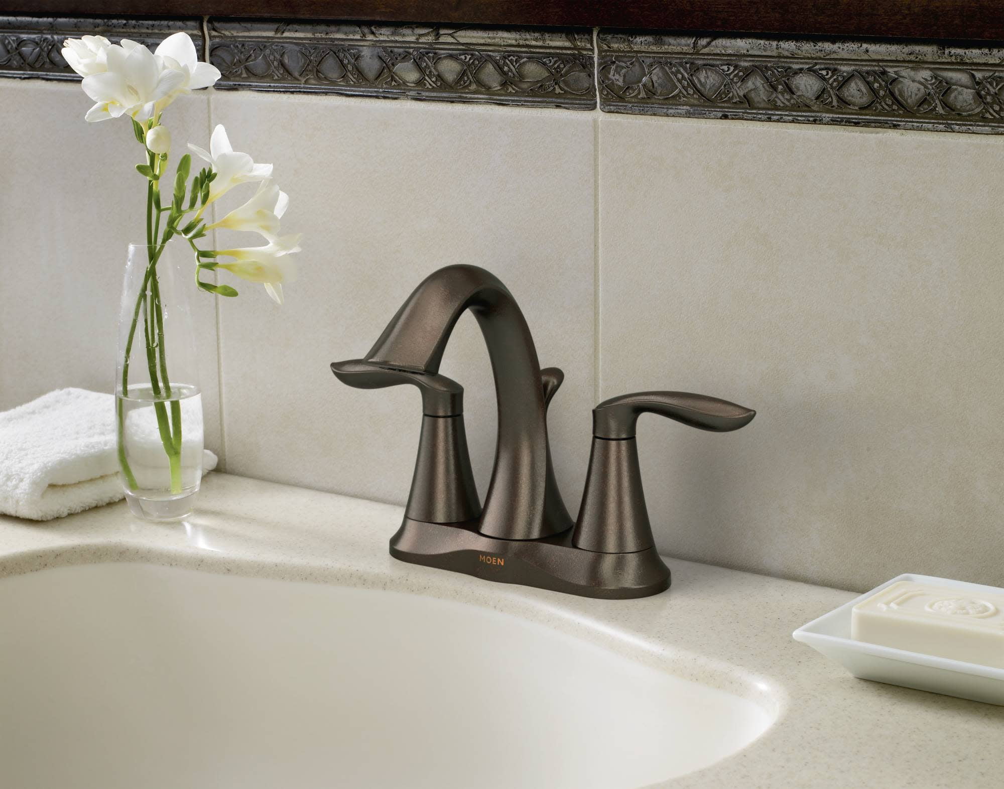 MOEN 6410BN Eva 4 in. Centerset 2-Handle High-Arc Bathroom Faucet in Brushed Nickel
