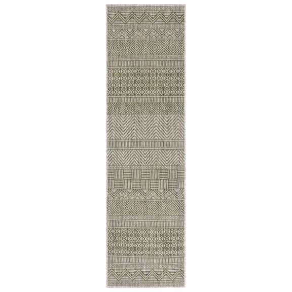 SAFAVIEH Courtyard Altan Geometric Indoor/Outdoor Runner Rug, Grey/Olive Green, 2'3" x 8'