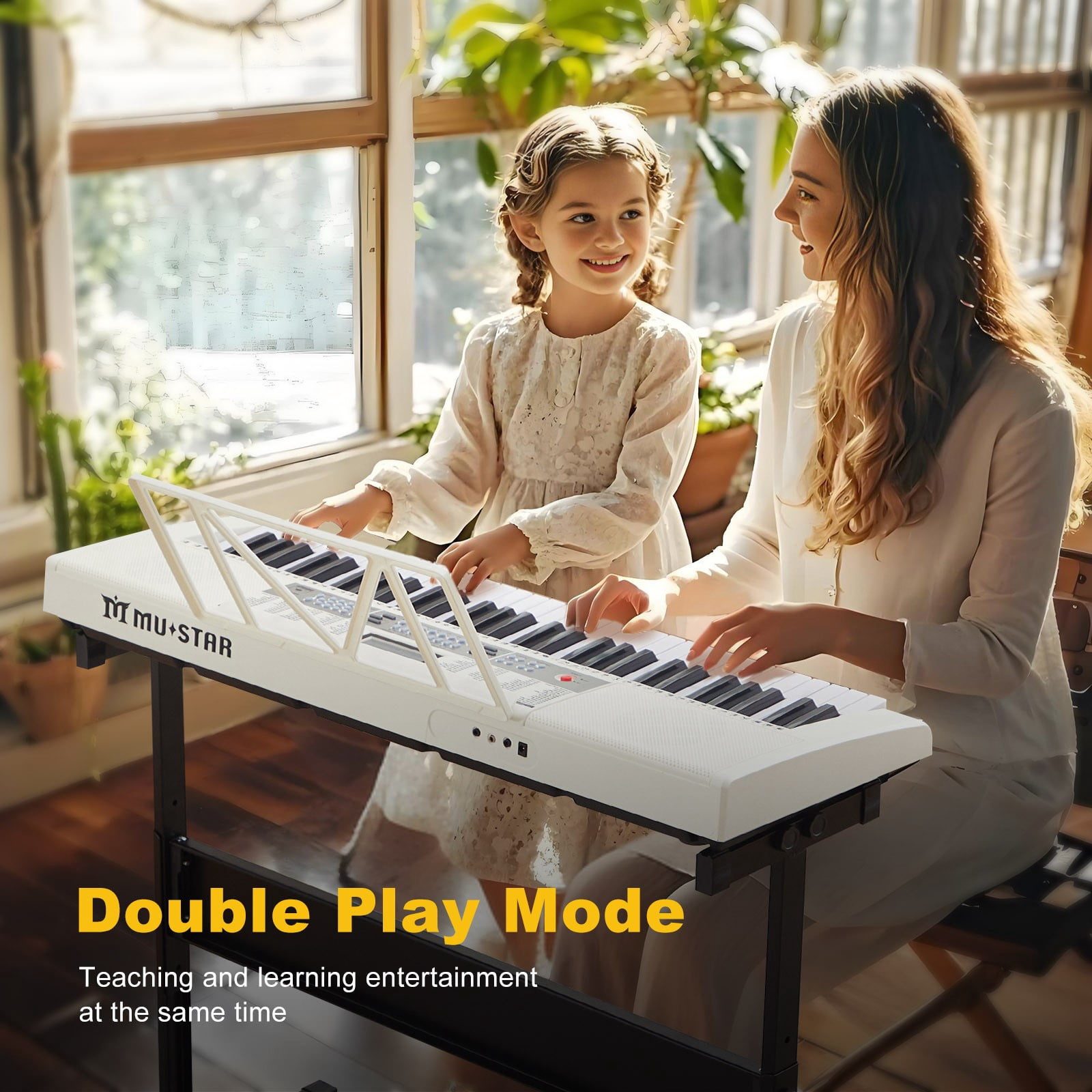 White Portable 61 Keys Electric Piano Keyboards with Lighted Up Keys,255 rhythms,Bench,Stand,Headphone,Microphone