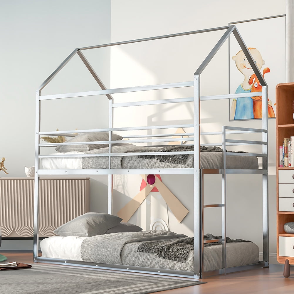 Kepooman Twin Over Twin Kids Bunk Bed with Built-in Ladder, Metal Bunk Bed Frame, Sliver Kepooman Twin Over Twin Kids Bunk Bed with Built-in Ladder, Metal Bunk Bed Frame, Sliver