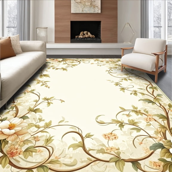 ODIKA 4'x6' Machine Washable Non-Slip Area Rug, Intricate Botanical Medallion with Vintage Floral High Traffic Rug, Beige, 209477