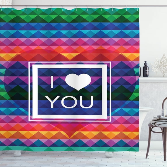 Vintage Rainbow Shower Curtain, Colorful Fractal Mosaic Backdrop with Heart and I Love You Frame Valentines, Fabric Bathroom Set with Hooks, 69W X 84L Inches Extra Long, Multicolor, by Ambesonne