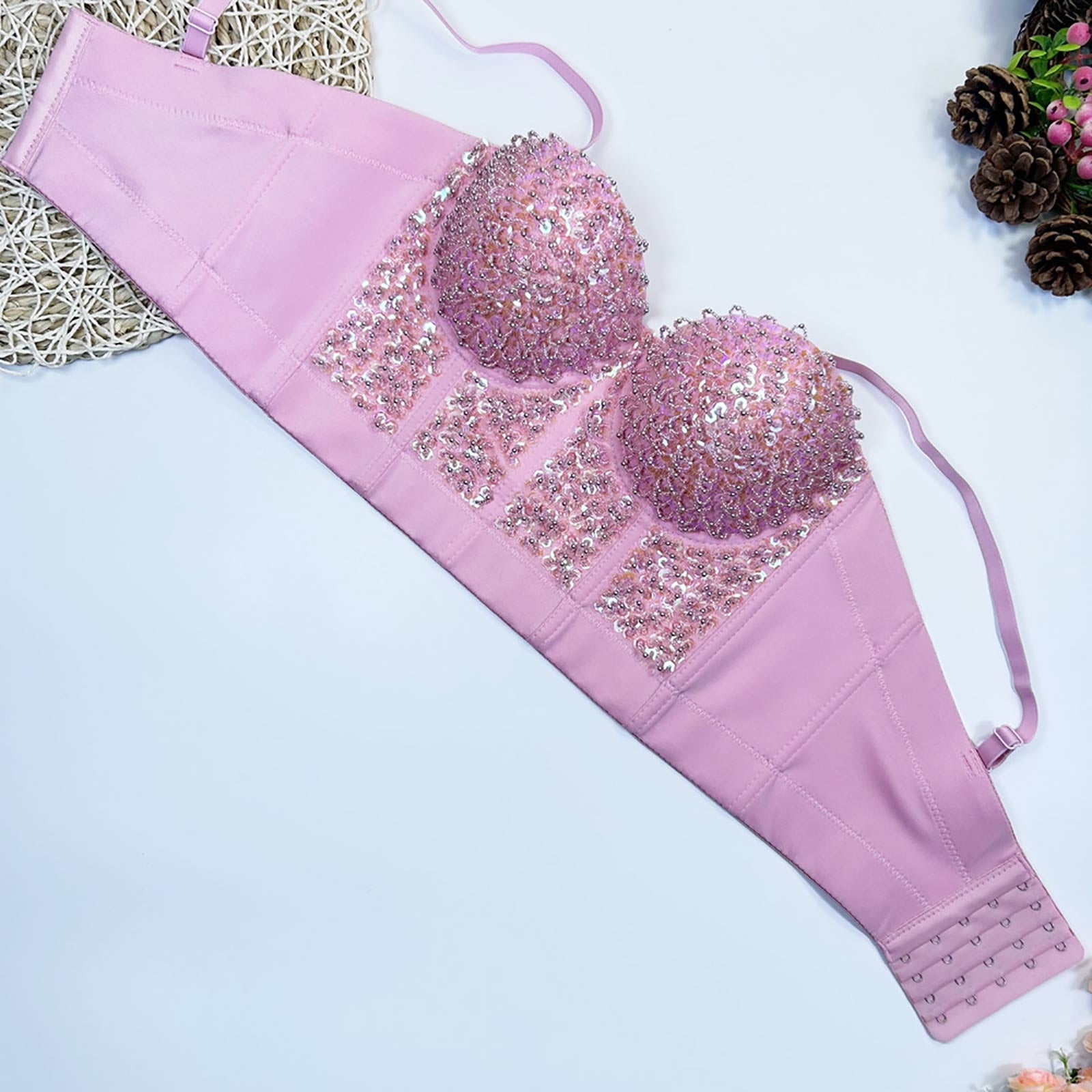 LOSVIP Corset Sequin Strass Jarretelles - Top Bustier Femme Discothèque Avec Manches Courtes En Mousseline - Chemisier Élégant