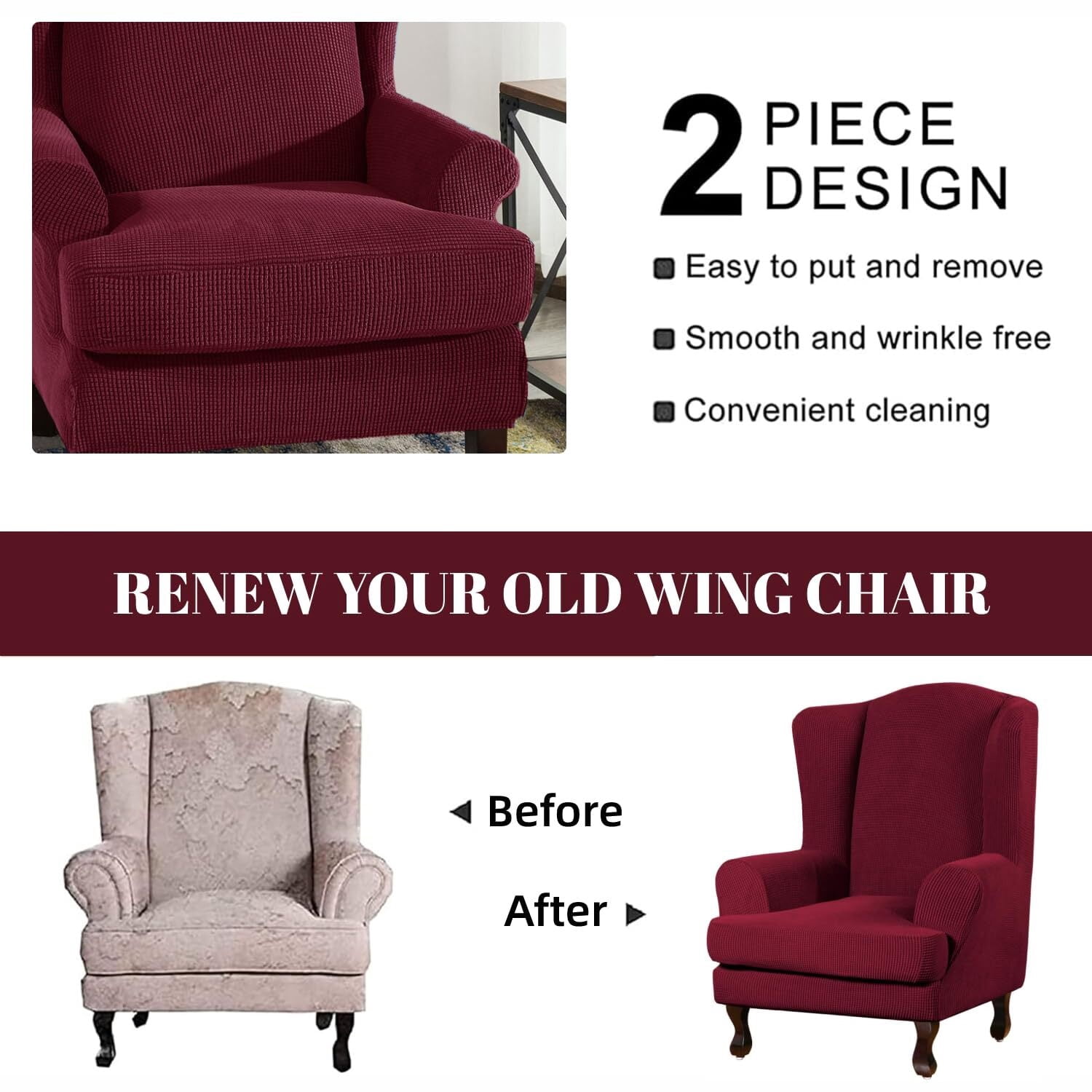 LKJYER Wing Chair Slipcovers 2 Pieces Stretch Spandex Wingback Chair Covers Sofa Slipcover Washable Armchair Protector Cover for Living Room and Bedroom