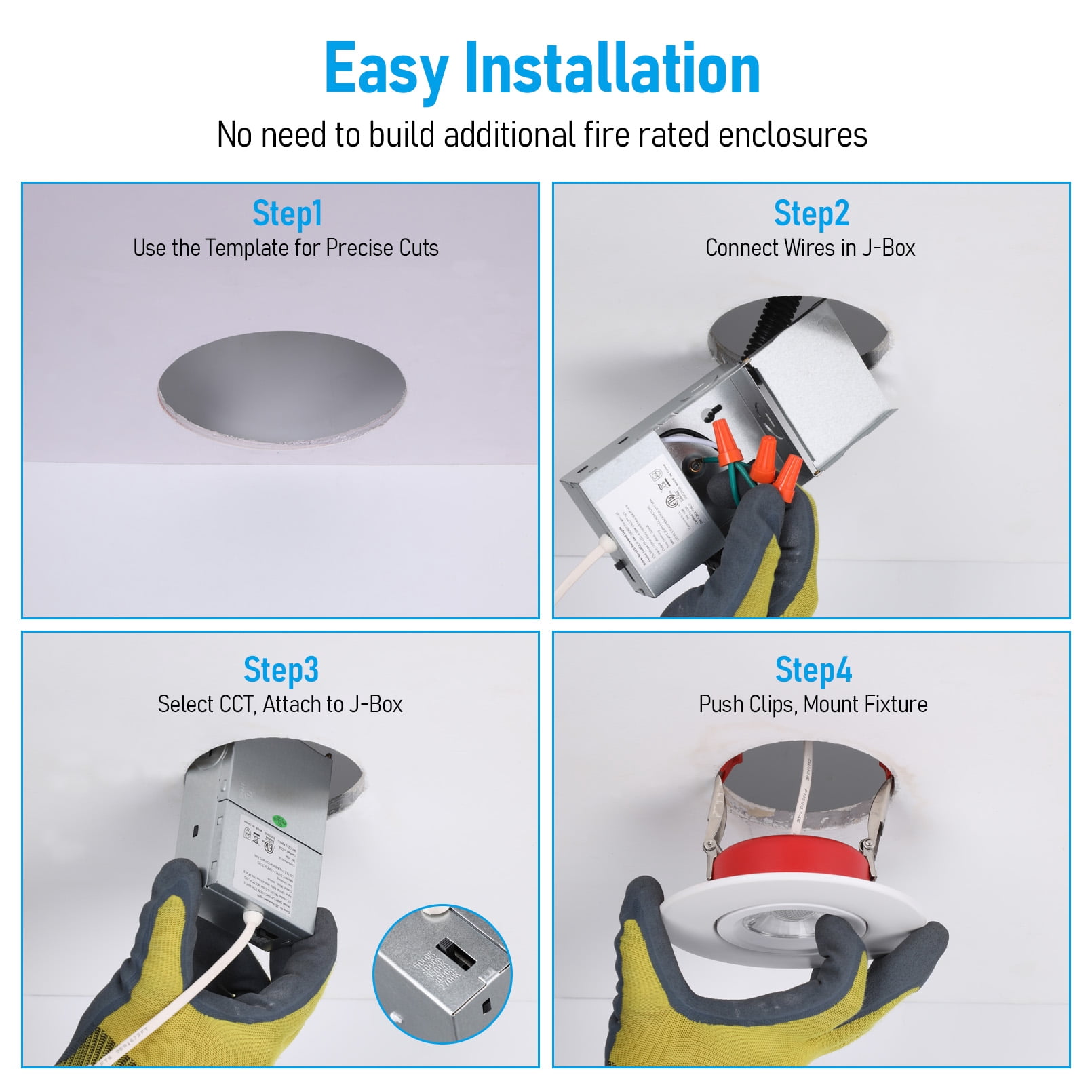 2 Pack 4 Inch 9W Fire Rated Gimbal LED Recessed Light, 5CCT Dimmable Canless Downlight with J-Box, Meets UL263 & ASTM E119, 2 Hour Fire-Rated Commercial Ceilings