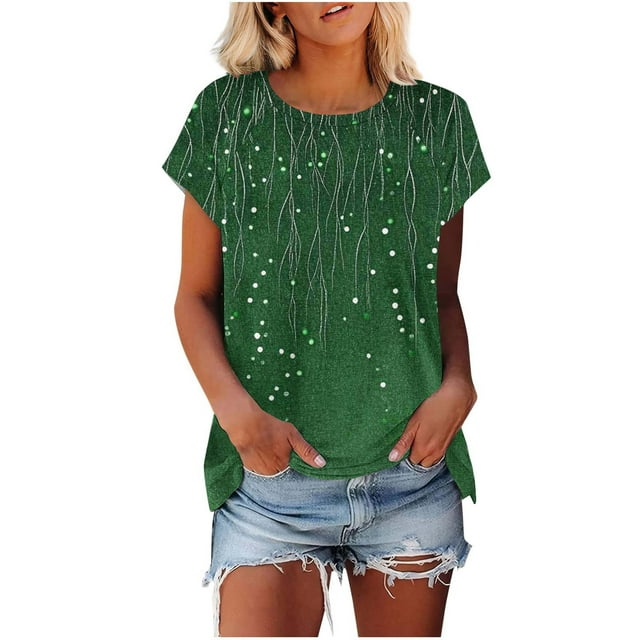 Aqestyerly Haut à Manches Courtes en Solde, Blouse Décontractée à Manches Courtes et Col Rond Imprimée pour Femmes, Look Décontracté/vert (TTG)