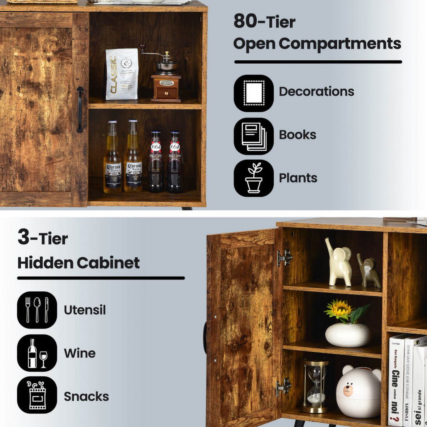Finihen Kitchen Storage Cabinet, Buffet Sideboard, Mid-century Storage Cabinet with Single Door and Adjustable Shelves, for Dining Room, Kitchen, Living Room, Rustic Brown Finihen Kitchen Storage Cabinet, Buffet Sideboard, Mid-century Storage Cabinet with Single Door and Adjustable Shelves, for Dining Room, Kitchen, Living Room, Rustic Brown
