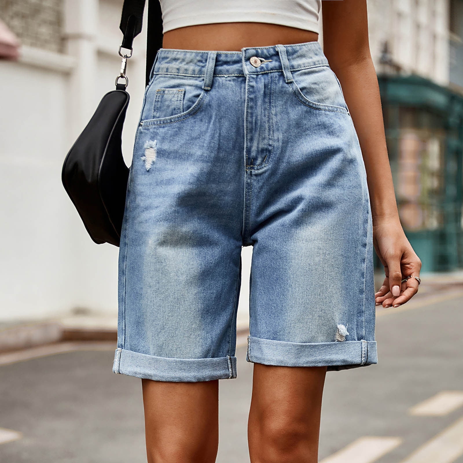 【U LAN】Motif Damage Banding Bermuda Pants QATAINLAV Denim Bermuda Shorts for Women Frayed Hem Jean