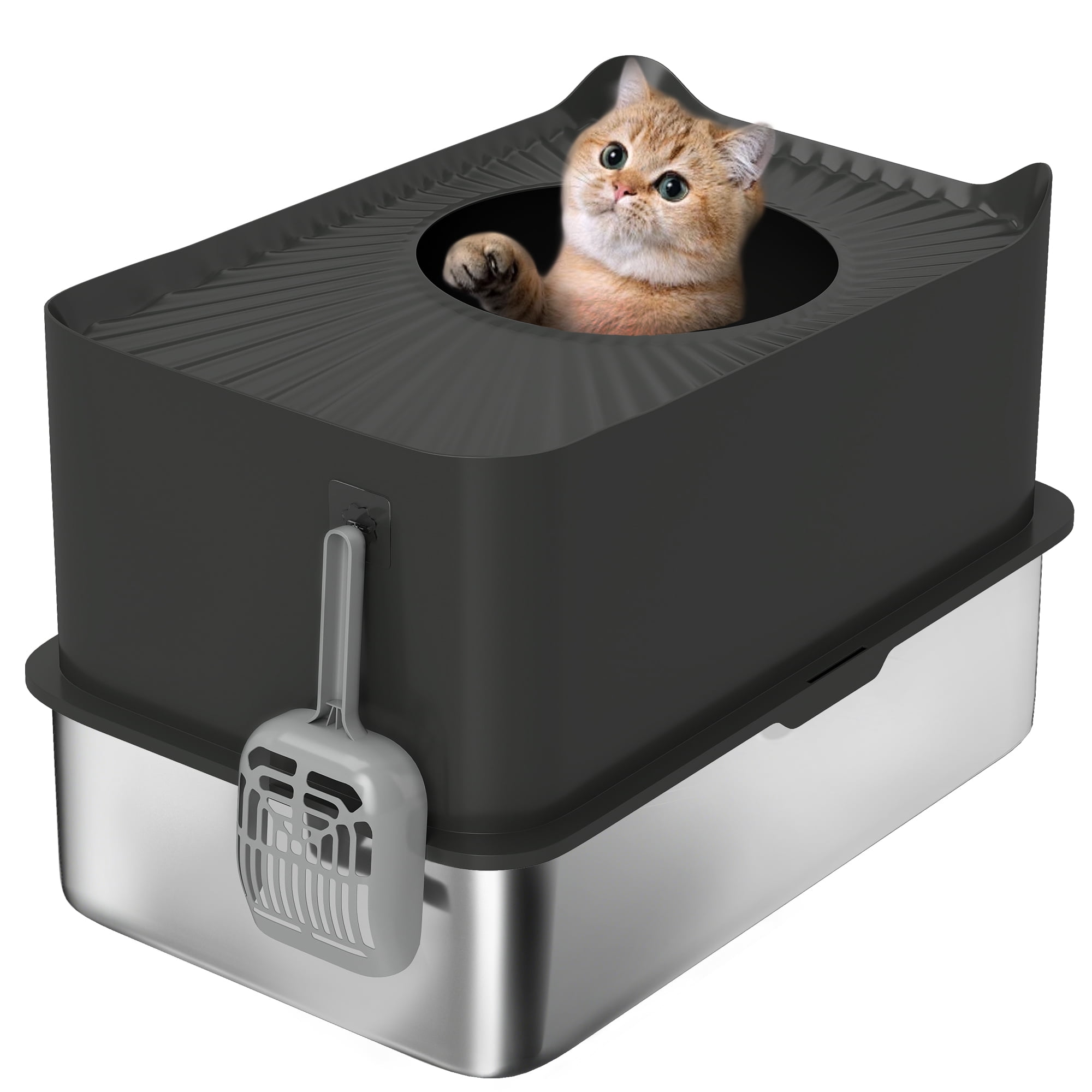 PawHut Stainless Steel Litter Box, High Sided Enclosed Cat Litter Box with Scoop, Top Entrance, Non-slip Pads, Anti-Leakage, Non-Sticky, Black