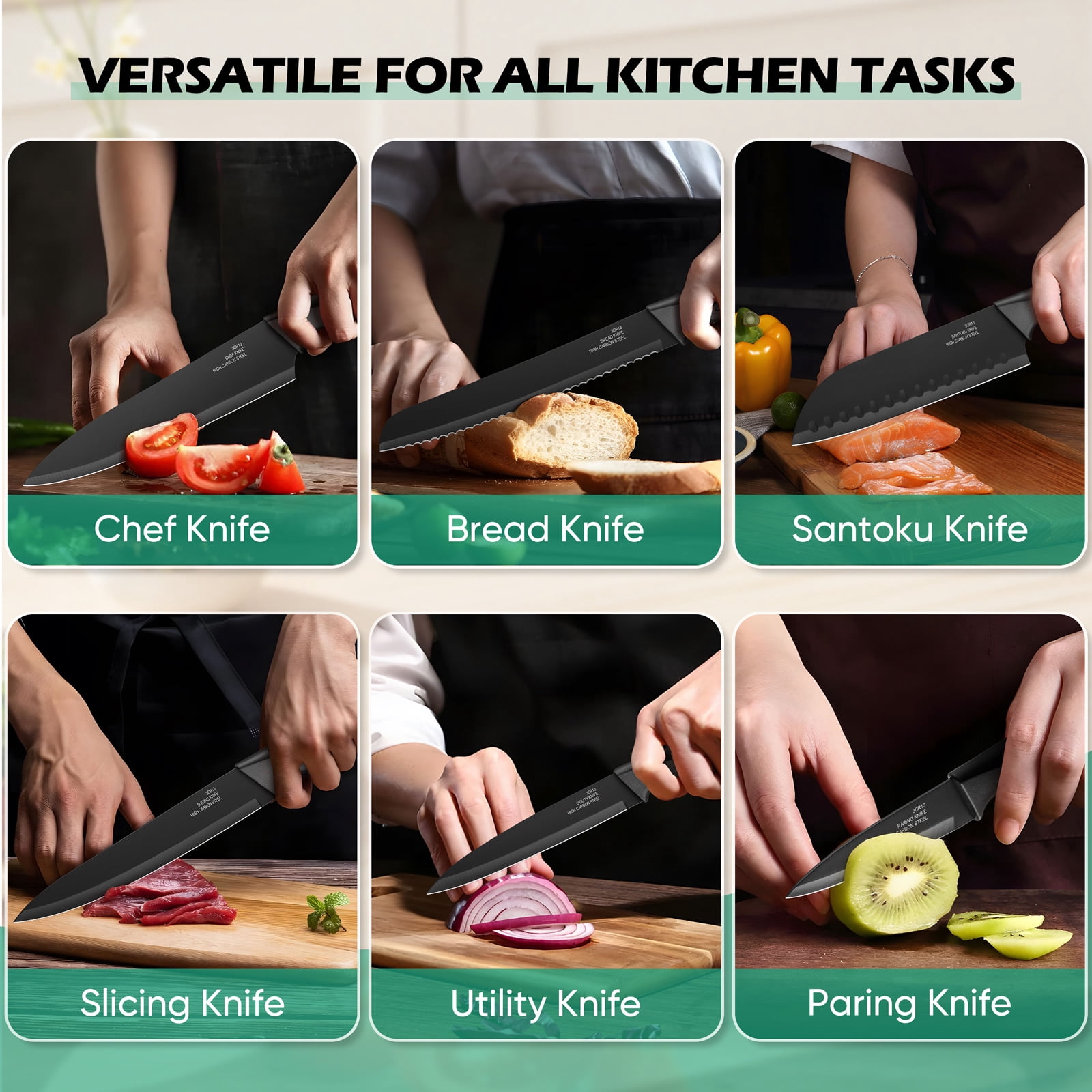 Vesteel Knife Block Set for Kitchen, 15-Piece High Carbon Stainless Steel Knives Set with Ergonomic Handle, Ultra-sharp & Rust Resistant, Black