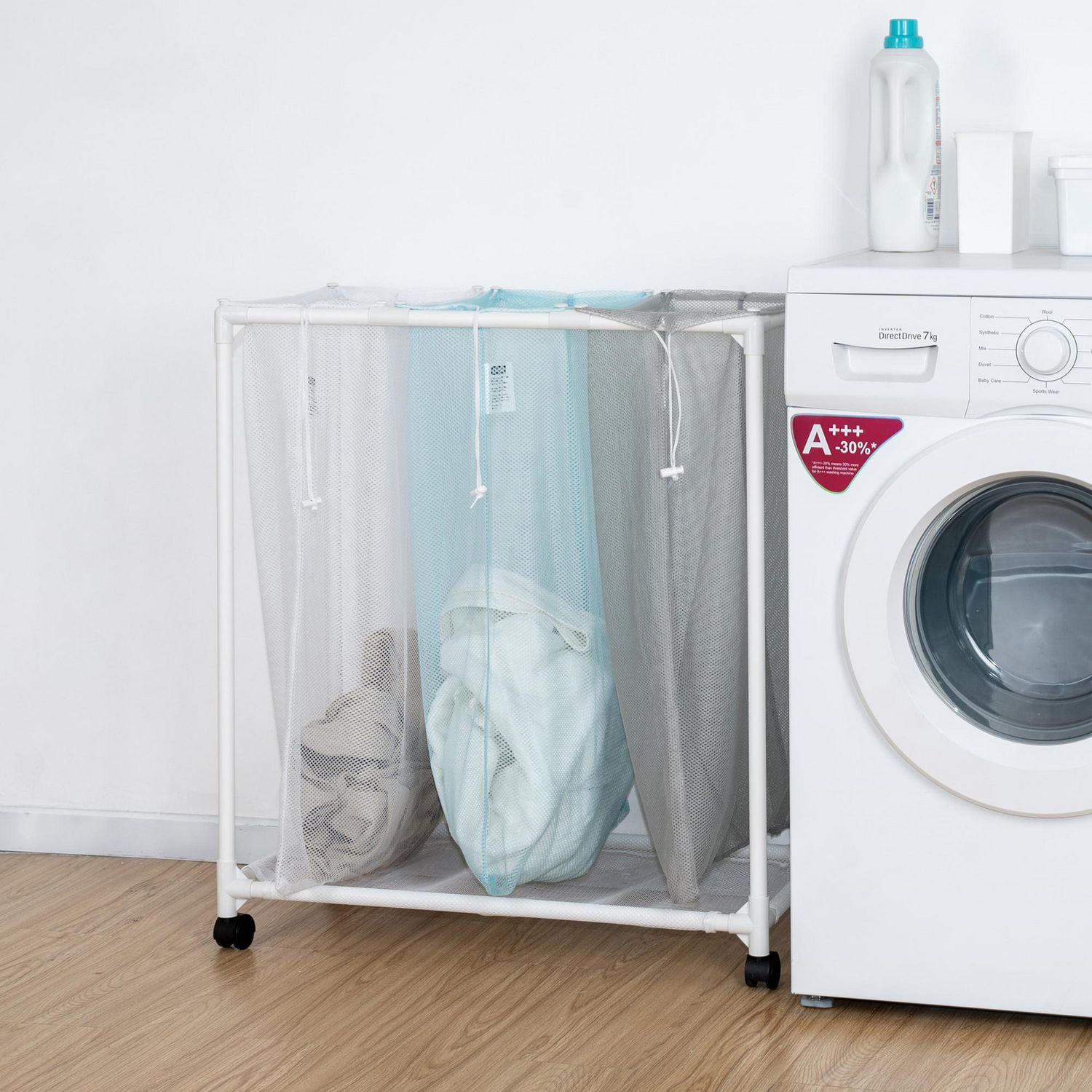 Mainstays 3 Bin Multiple Color Laundry Mesh Sorter for Adult, Rolling Cart for Laundry Room Closet Storage, 4 Wheels, Bags for Sorting Different Items