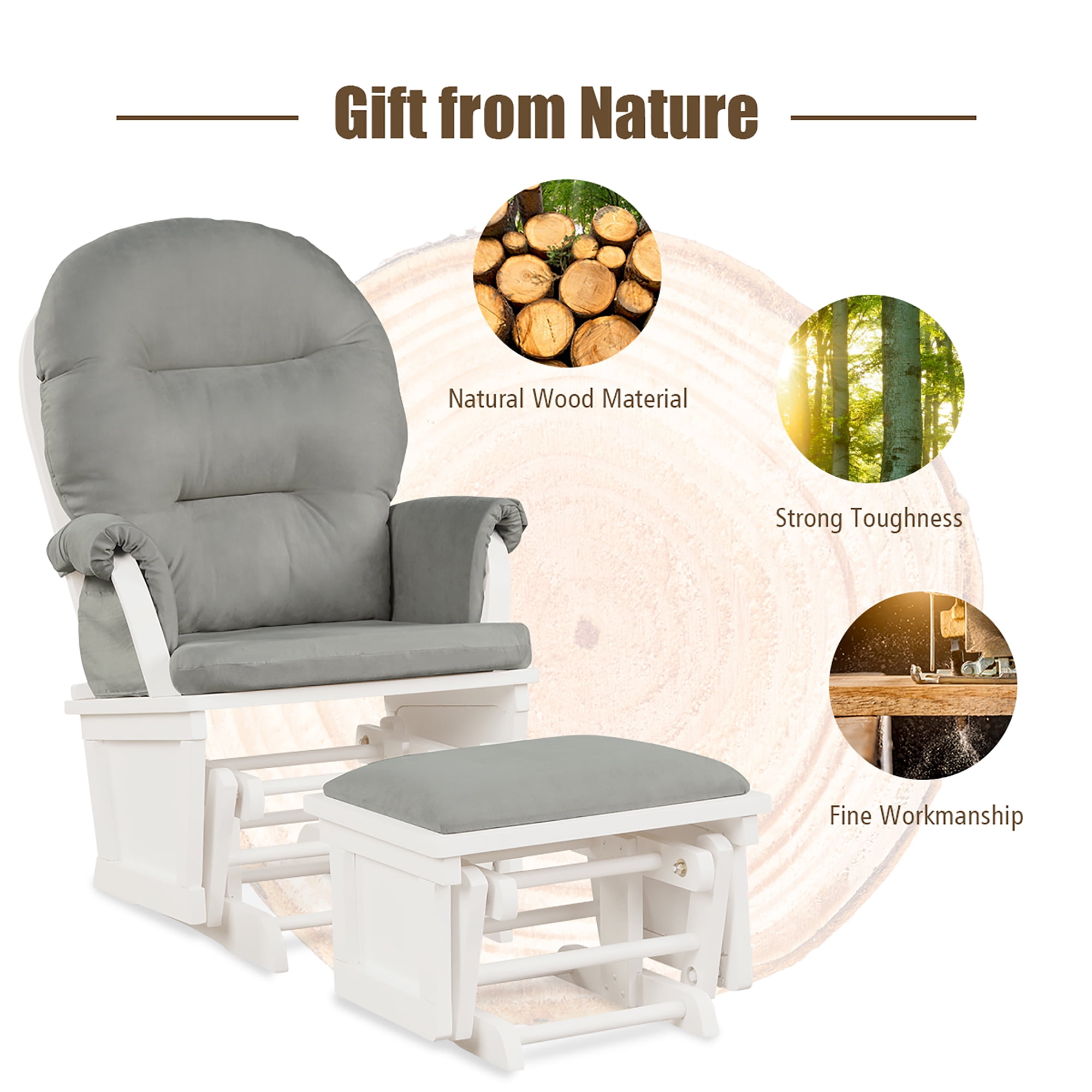 Costway Baby Nursery Relax  Rocker Rocking Chair Glider &Ottoman Set w/Cushion Light 3-6 Years Grey