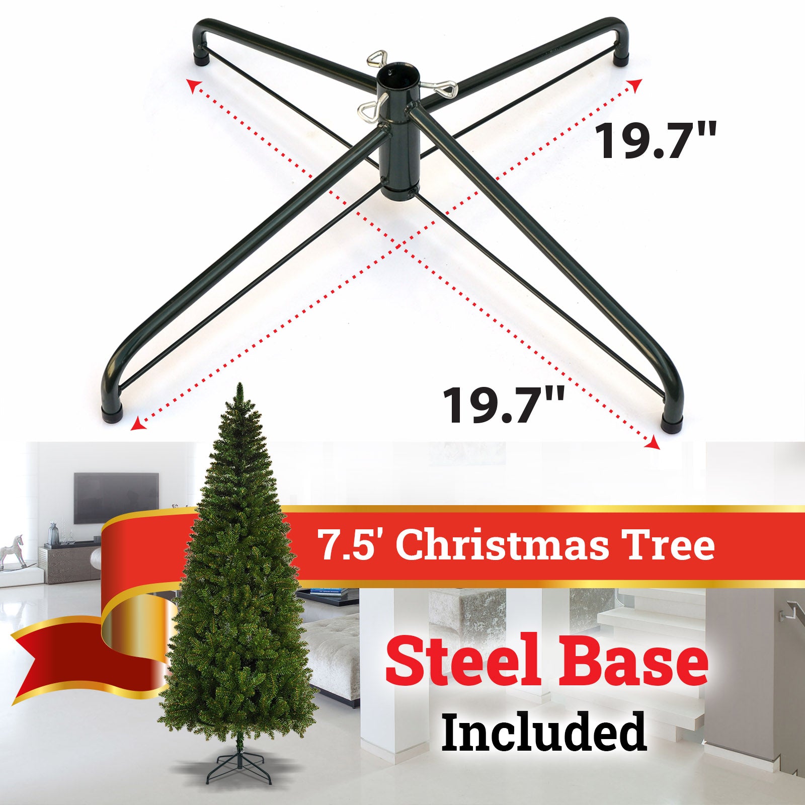 SUNRISEUMBRELLA Artificial Pencil Slim hinged Christmas Tree with Metal Stand, Kingswood Fir Slim (7.5 ft)