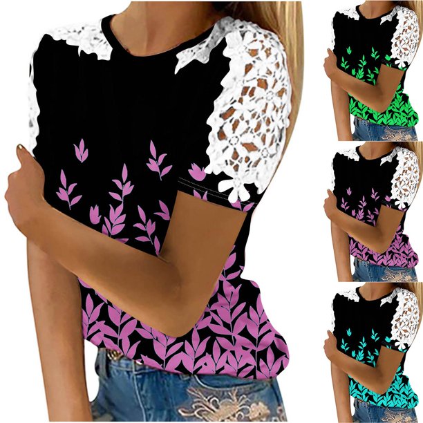 Fiudx Ofertas Del Día Blusa de Manga Corta con Cuello Redondo y Estampado para Mujer