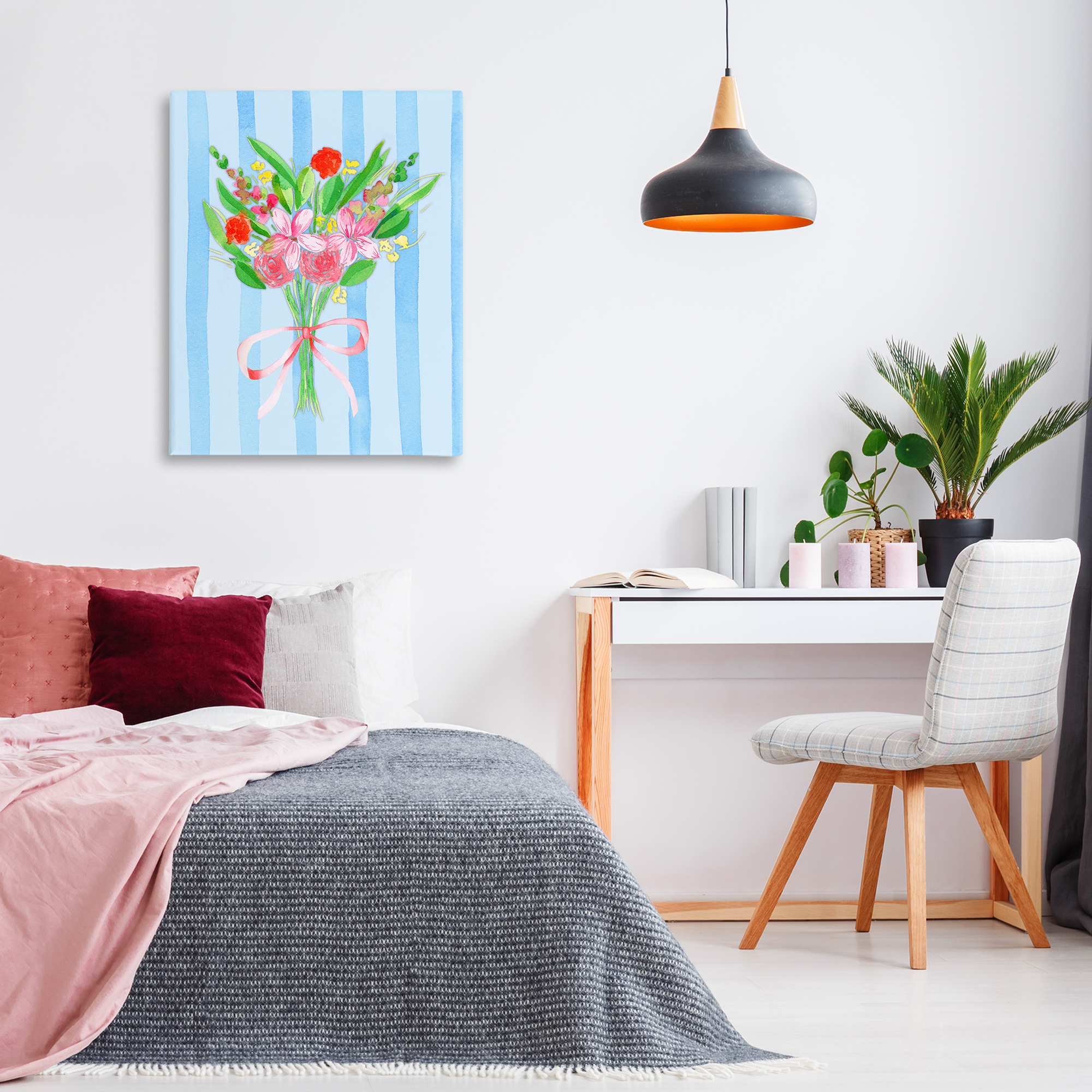 Blue and Pink Bouquet & Bow Canvas Wall Art, design by Nina Jacobs