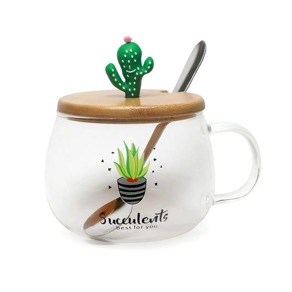 Cute Succulent Mug Glass Mug with Spoon and Wood Lid