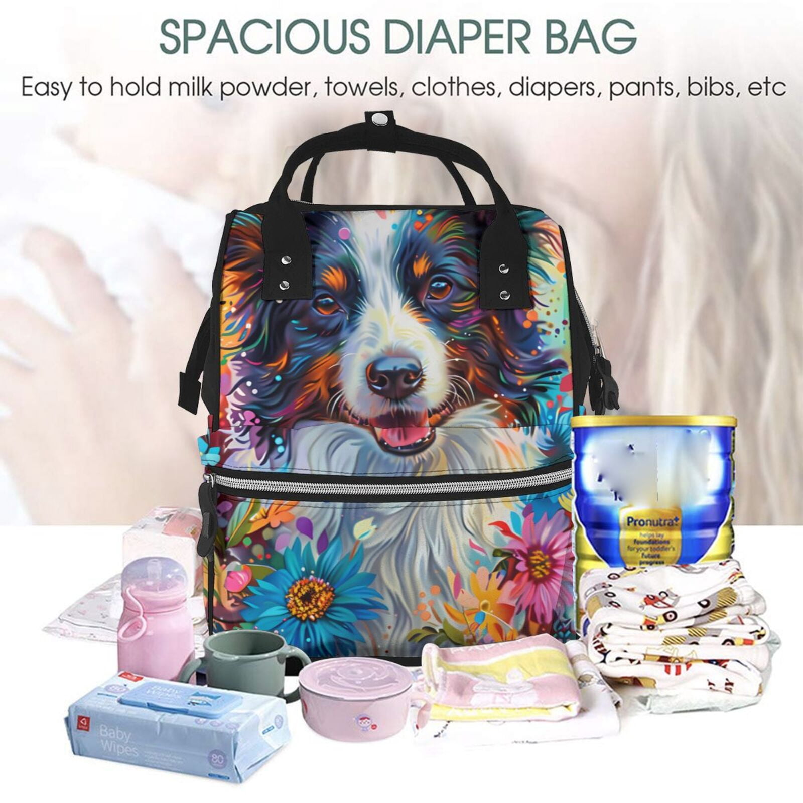 Fuzoiu Oil Painting Sunflower Puppy Print Diaper Bag Backpack,Baby Essentials Travel Tote,Multi function Waterproof Diaper Bag, Travel Essentials Baby Bag - Unisex