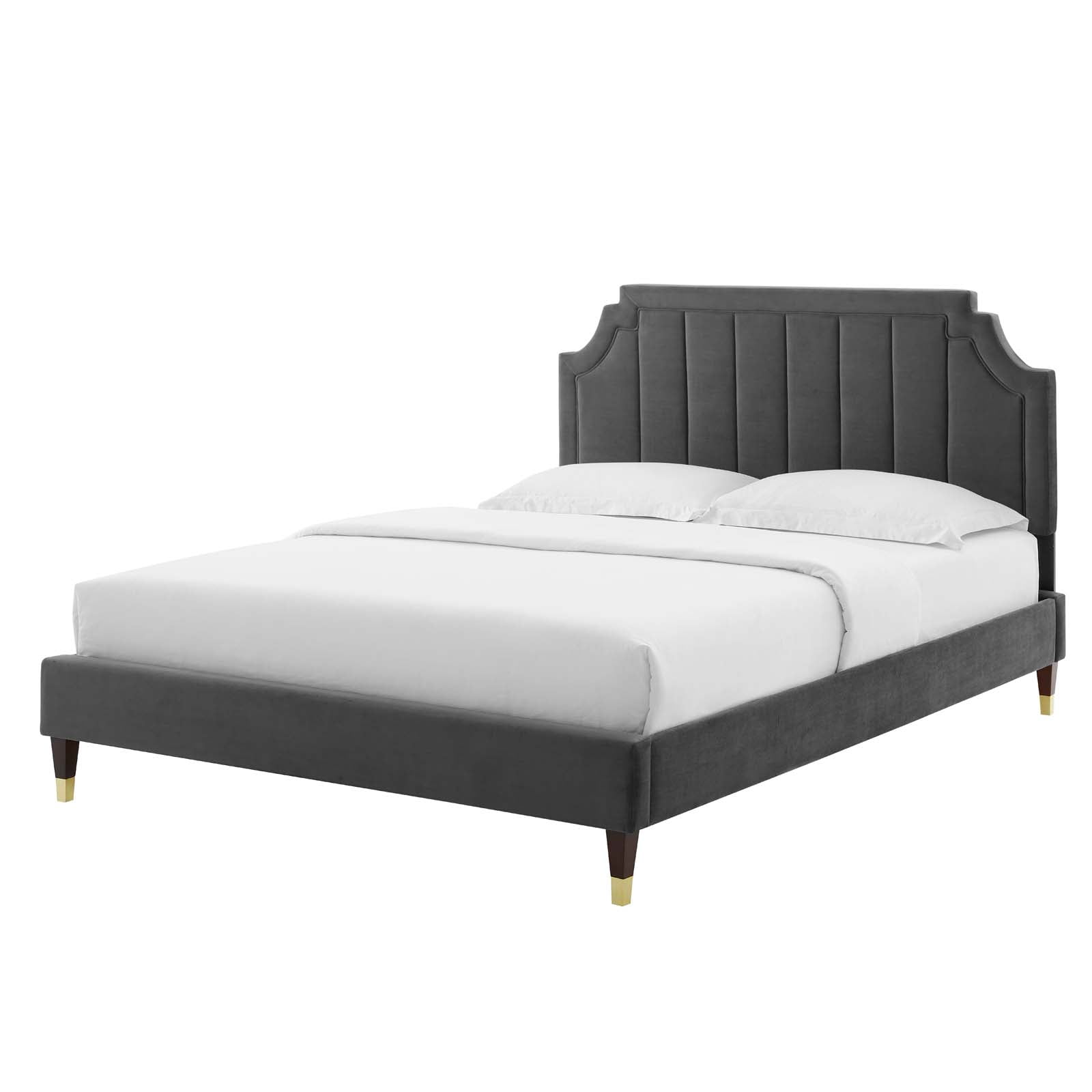 Platform Bed Frame, King Size, Velvet, Dark Grey Gray, Modern