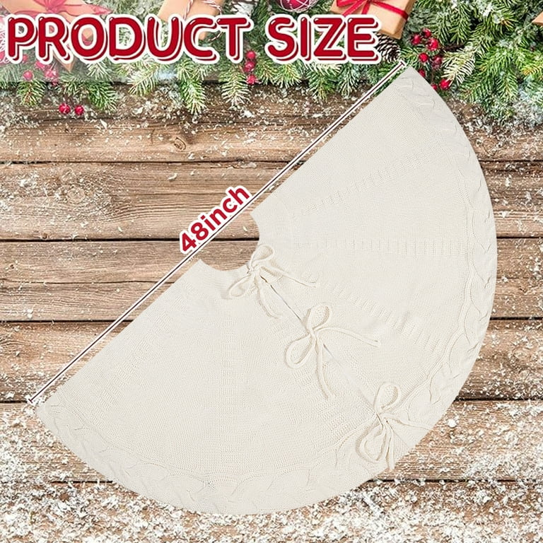 White Knitted Christmas Tree Skirt, 48 In White Cable Knit Christmas Tree Mat Rustic Farmhouse Home Decorations Xmas Holiday Party Decor