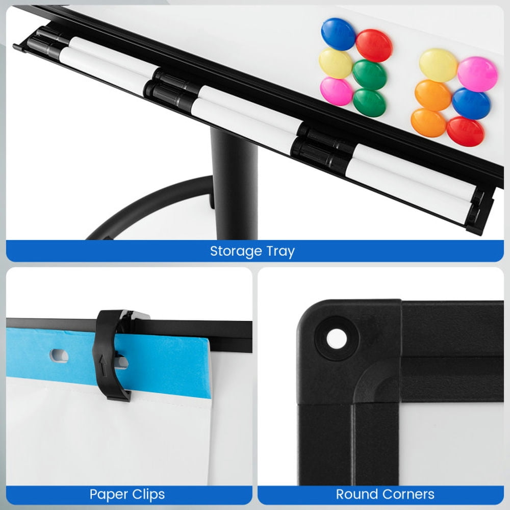 Yardi Yard Height-Adjustable Mobile Whiteboard with Round Stand Paper Clips-Black, Mobile Whiteboard for Office, Home & Classroom