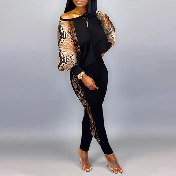 Njoeus Women Fashion Printing Two Piece Sweatsuit Round Neck Pullover Long Sleeve and Skinny Long Pants Sets Outfits Tracksuit