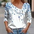 thumbnail image 3 of Button Shirts for Womens Long Sleeve Dressy Shirt Fashion Floral Printed Blouses Casual Button-Up Loose T-shirt V-Neck Lapel Pullover Top Blue XL, 3 of 5