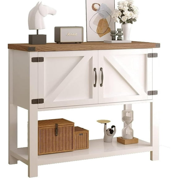 Farmhouse Coffee Bar Cabinet, White Coffee Bar Table with Storage, Sideboard Buffet Cabinet with 2 Doors, Accent Cabinet with Bottom Shelf, Wood Storage Cabinet for Living Room