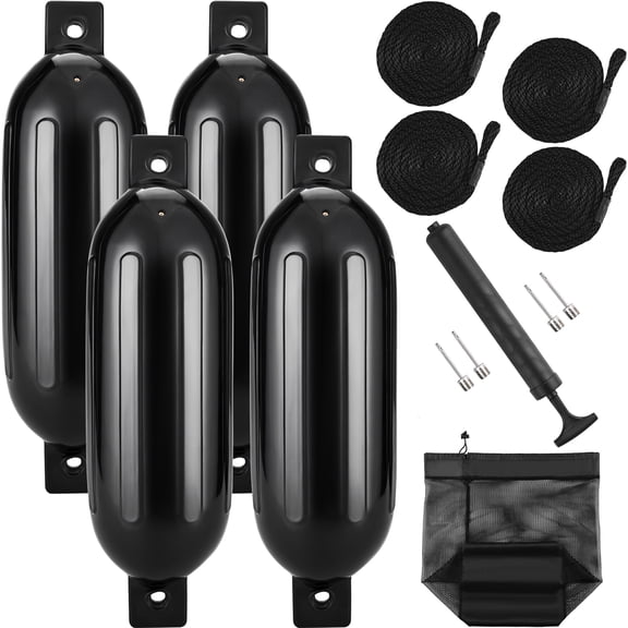 KFFKFF Marine Cushions, 5.5" x 20" Dock Bumpers, Ribbed Inflatable Protection with Middle Holes, Includes Air Pump, 4 Needles, 4 Ropes, and Carrying Case, Black