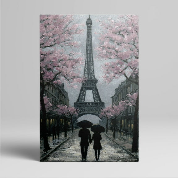 1pc Romantic Parisian Scene with Eiffel Tower, Cherry Blossoms and Couples Holding Umbrellas Framed Decor room hanging Wall Picture Decor for Home Gifts, living room, bathroom, bedroom, kitchen wall