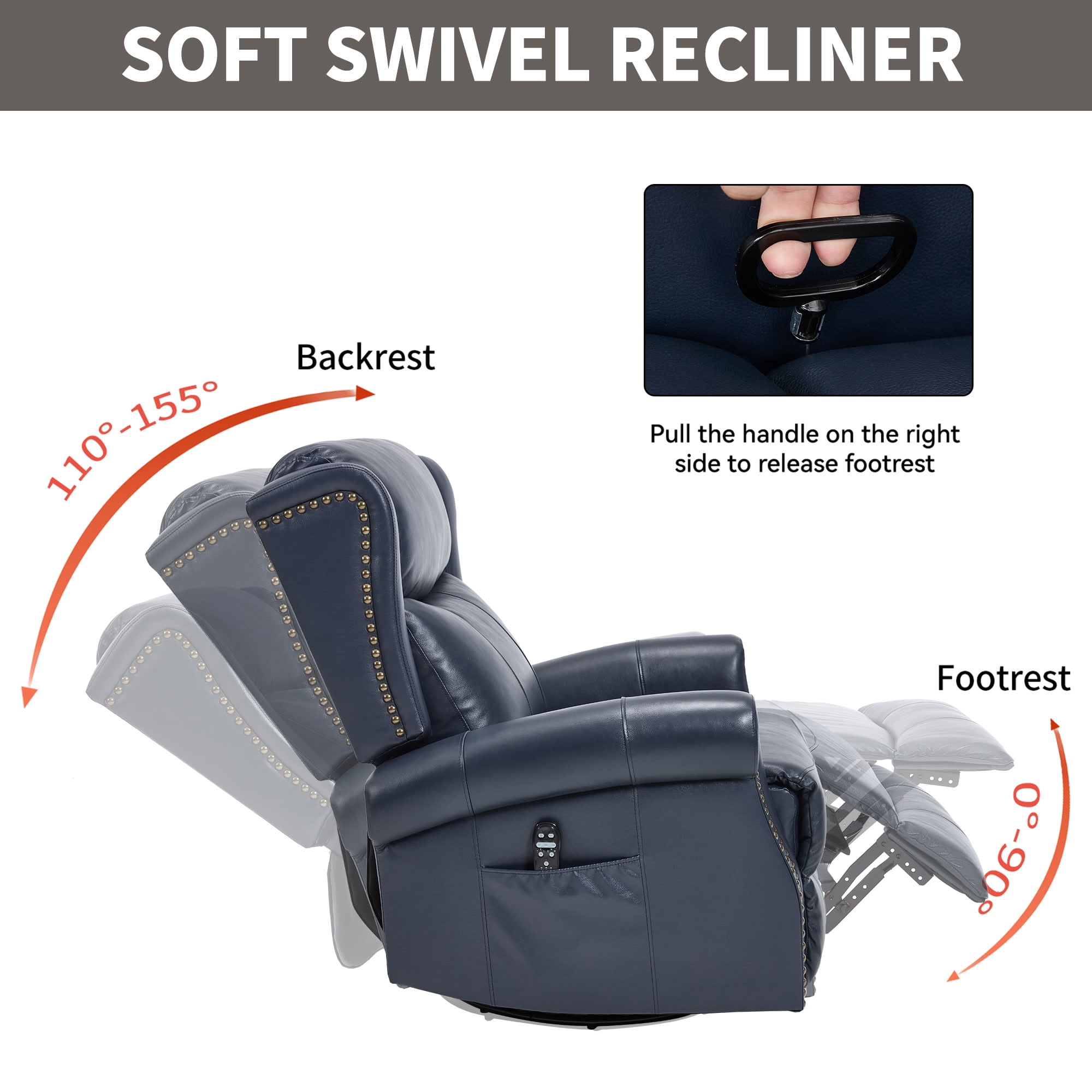 MAYEERTY 360 Degree Swivel Rocker Recliner Chair, Genuine Leather Manual Recline Glider Armchair with 8-Point Vibration Massage & Lumbar Heat, for Living Room Home Theater
