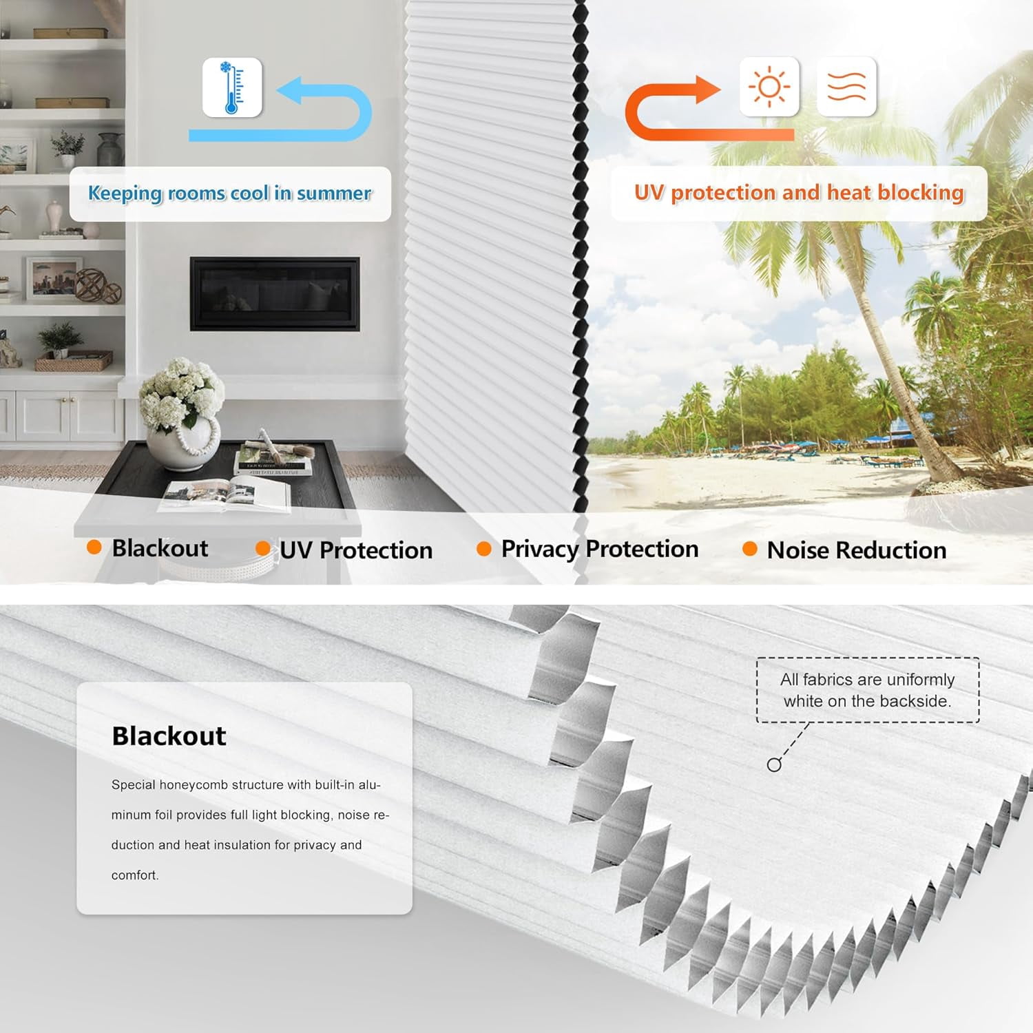LazBlinds No Tools No Drill Cordless Cellular Shades, Top Down Bottom Up (TDBU) Honeycomb Shades for Home, Blackout Light Blocking Thermal Insulation Blinds for Windows, 37" W x 64" H, White