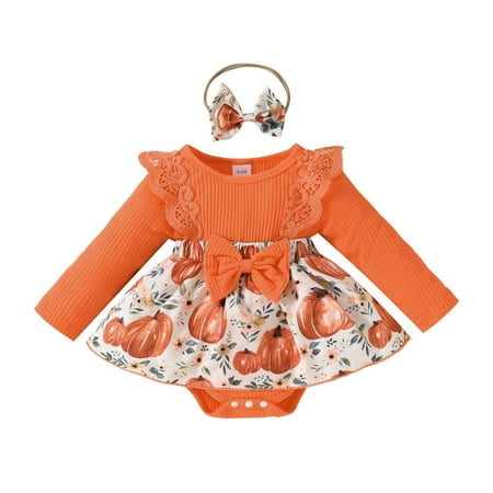 

Dpytoraw Girls Long Sleeve Cartoon Prints Romper Bodysuits Dress Headbands Outfits Size 12-18 Months
